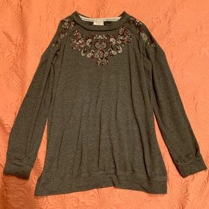 Small-sized gray bedazzled cold shoulder shirt